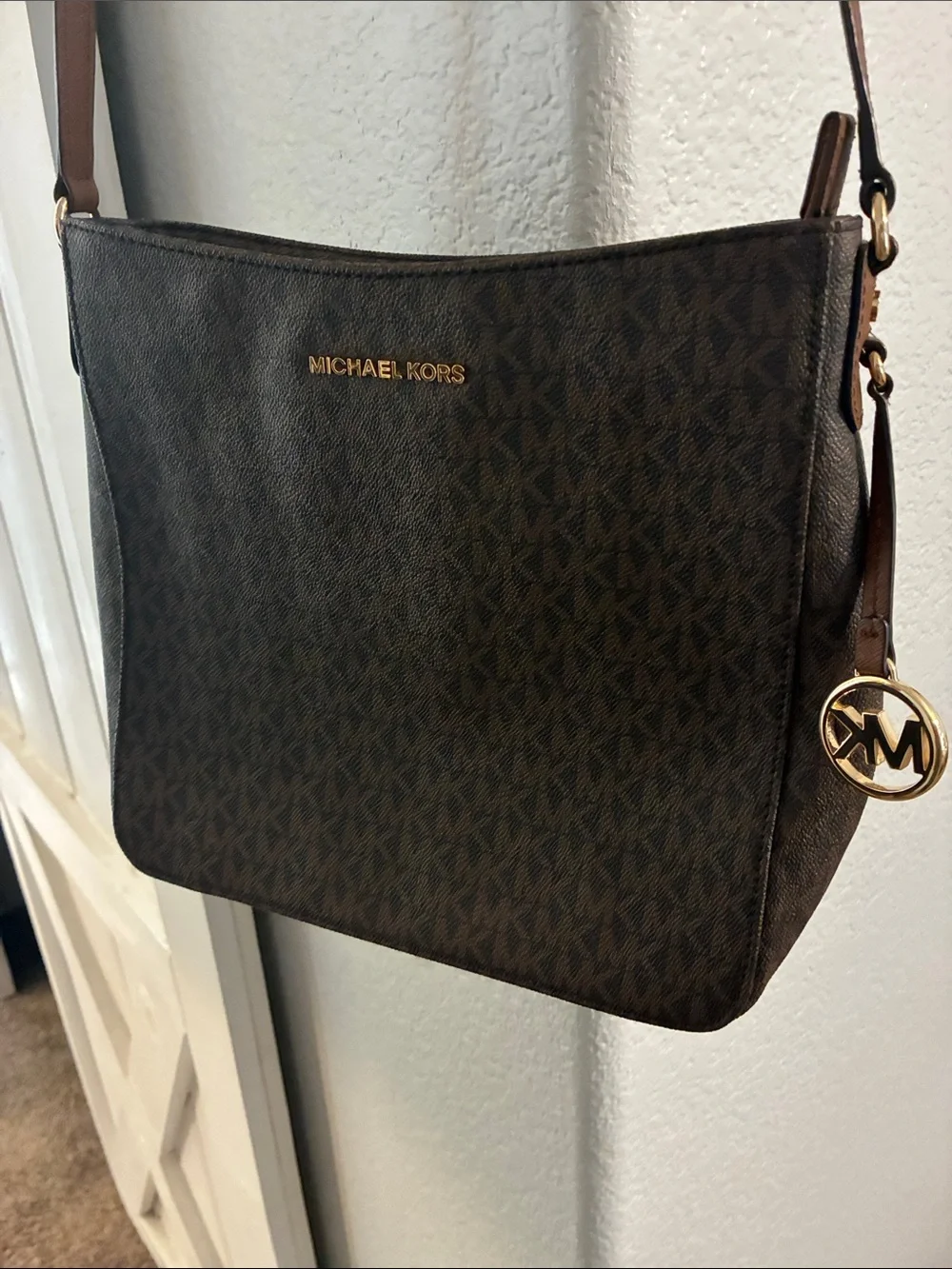 NWOT!!! Michael Kors Dark Brown Monogram Crossbody with Gold Charm